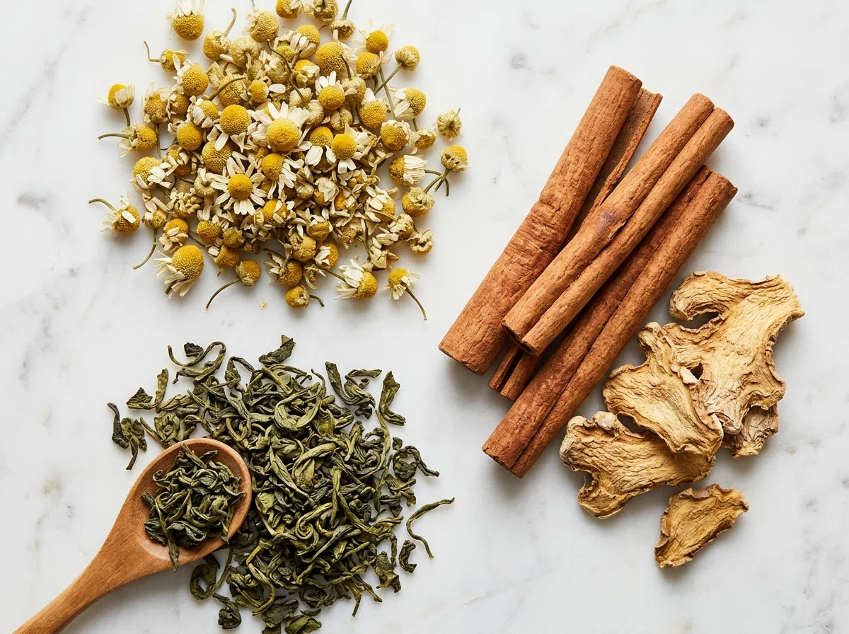 Assorted dried botanical herbs - chamomile, green tea leaves, cinnamon bark and dried ginger - plant extract wellness formula