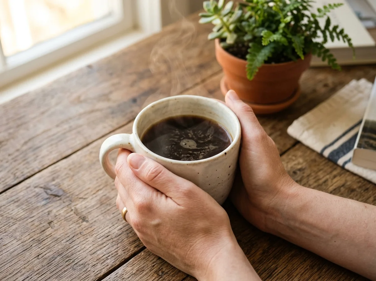 Hands holding warm ceramic mug, morning coffee wellness routine