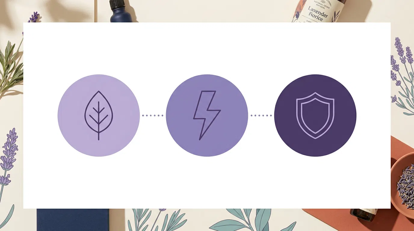 Abstract icons representing plant extracts, energy metabolism and cell protection - the three pillars of the Slim Coffee Booster formula